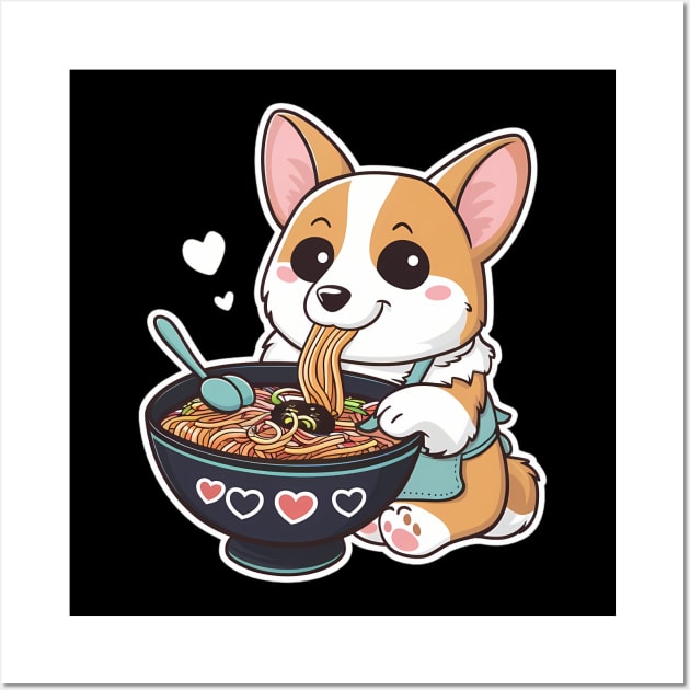 Cute Anime Corgi Dog Eating Ramen Noodles Wall Art by Abdulkakl